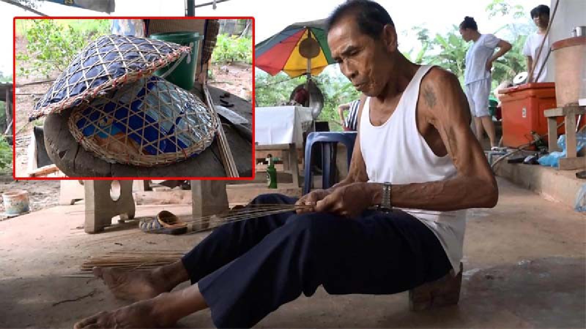 ความคิดสุดยอด!! คุณตาวัย 78 ปีใช้ภูมิปัญญาท้องถิ่นนำเศษวัสดุที่เหลือใช้มาประดิษฐ์เป็นหมวกคล้ายหมวกงอบของชาวเวียดนาม ใช้ได้จริง(มีคลิป)