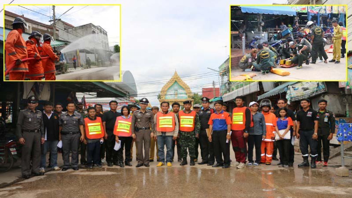 เทศบาลตำบลลานกระบือ ร่วมกับภาคีเครือข่ายระดับอำเภอ จัดทำโครงการฝึกอบรมและซ้อมแผนป้องกันและระงับอัคคีภัย จำลองเหตุการณ์ไฟไหม้ตลาดสด(มีคลิป)