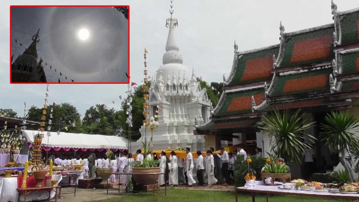พุทธศาสนิกชน ร่วมห่มผ้า "พระบรมธาตุเจดีย์ศรีไชยนาท" ท่ามกลางพระอาทิตย์ทรงกลด ถวายเป็นพุทธบูชาในวันเข้าพรรษา ถือเป็นสิริมงคลแก่ชีวิต