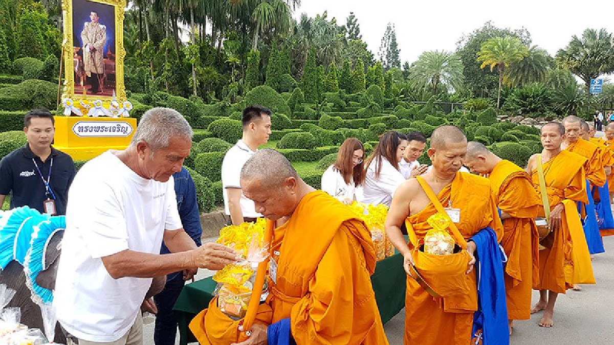 คณะผู้บริหาร ช้างแสนรู้ สวนนงนุชพัทยา ตักบาตรพระสงฆ์ 66 รูป ถวายเป็นพระราชกุศล ร.10 (ชมคลิป)