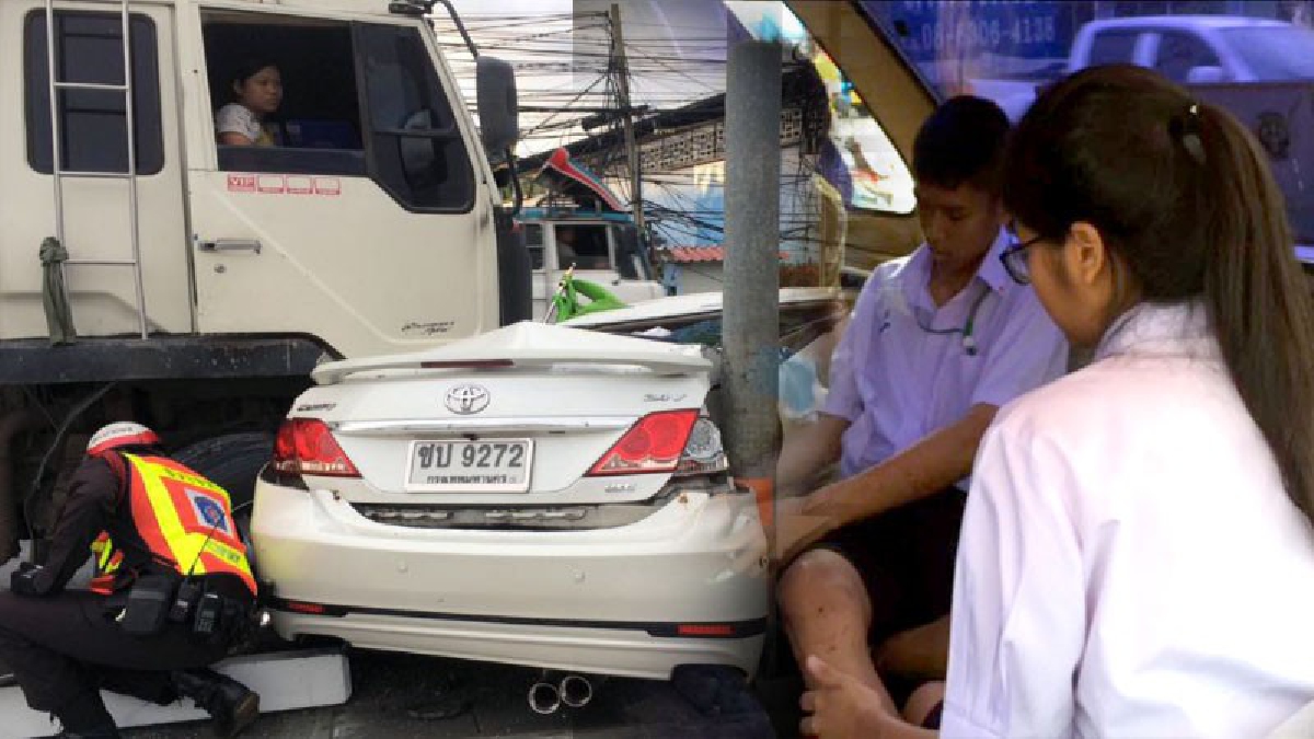 หวิดตายหมู่!! รถพ่วงเบรคไม่ทัน ชนสนั่นกลางลำรถเก๋ง พ่อลูกเฉียดตายกลางถนน