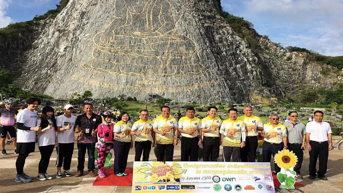 นักปั่นกว่า 400 ชีวิตร่วมปั่นปลูกดาวเรือง เหลืองทั้งแผ่นดิน และปล่อยตัวนักกีฬา บริเวณพระพุทธรูปแกะสลักเขาขีจรรย์ อ.สัตหีบ จ.ชลบุรี (มีคลิป)