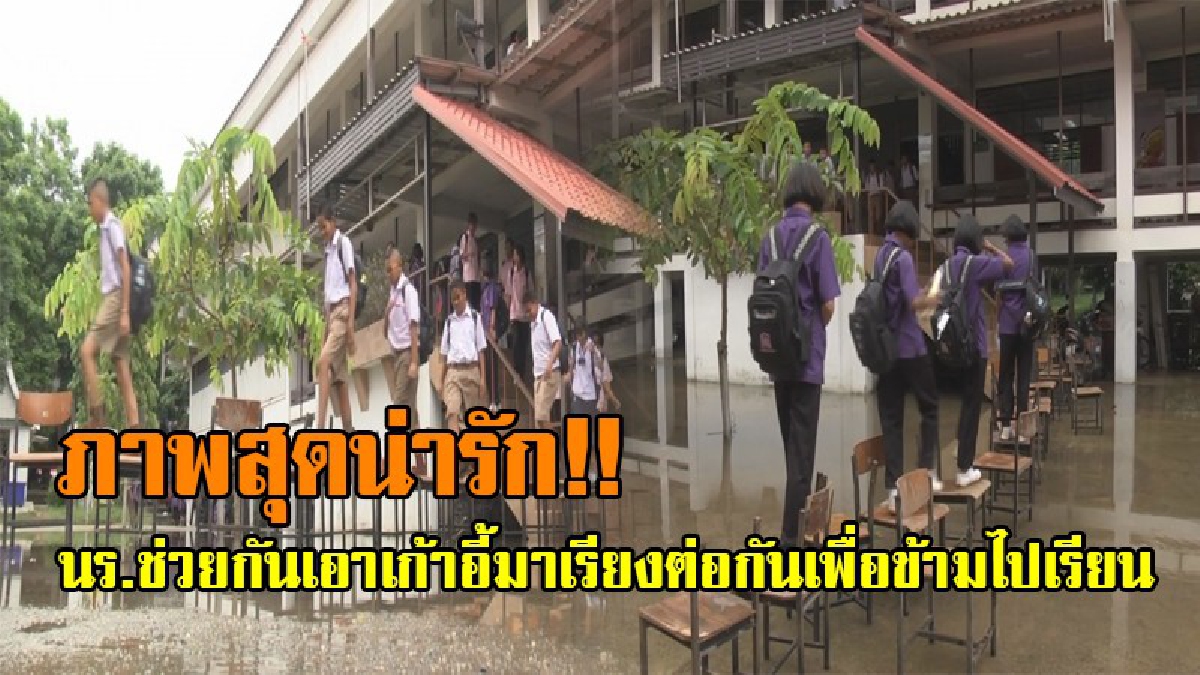 ภาพสุดน่ารัก!! เด็กโรงเรียนโชคชัย ร่วมมือสามัคคี วางเก้าอี้ต่อกัน เดินข้ามน้ำท่วมขังไปเรียนหนังสือ ขณะที่ทางโรงเรียนเร่งติดตั้งเครื่องสูบน้ำ