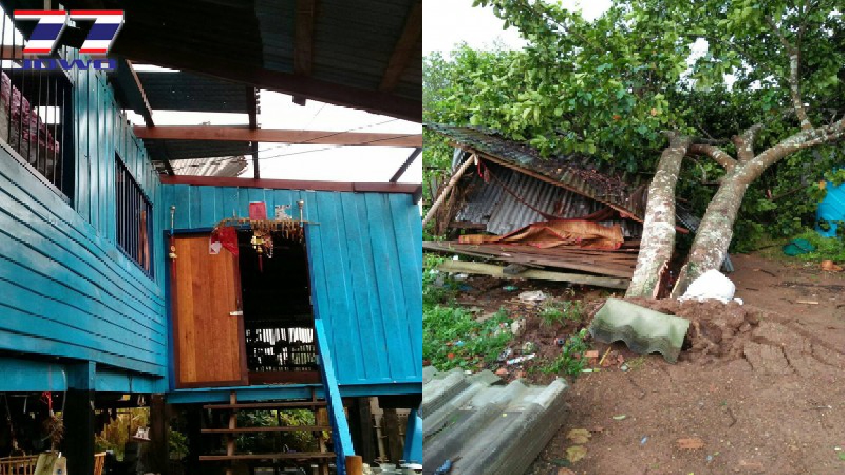 ฟ้าพิโรธหนัก!!พายุลมแรงพัดต้นไม้ทับบ้านประชาชนพังเสียหาย และกีดขวางการจราจร นายอำเภอสั่งเร่งดำเนินการช่วยเหลือ