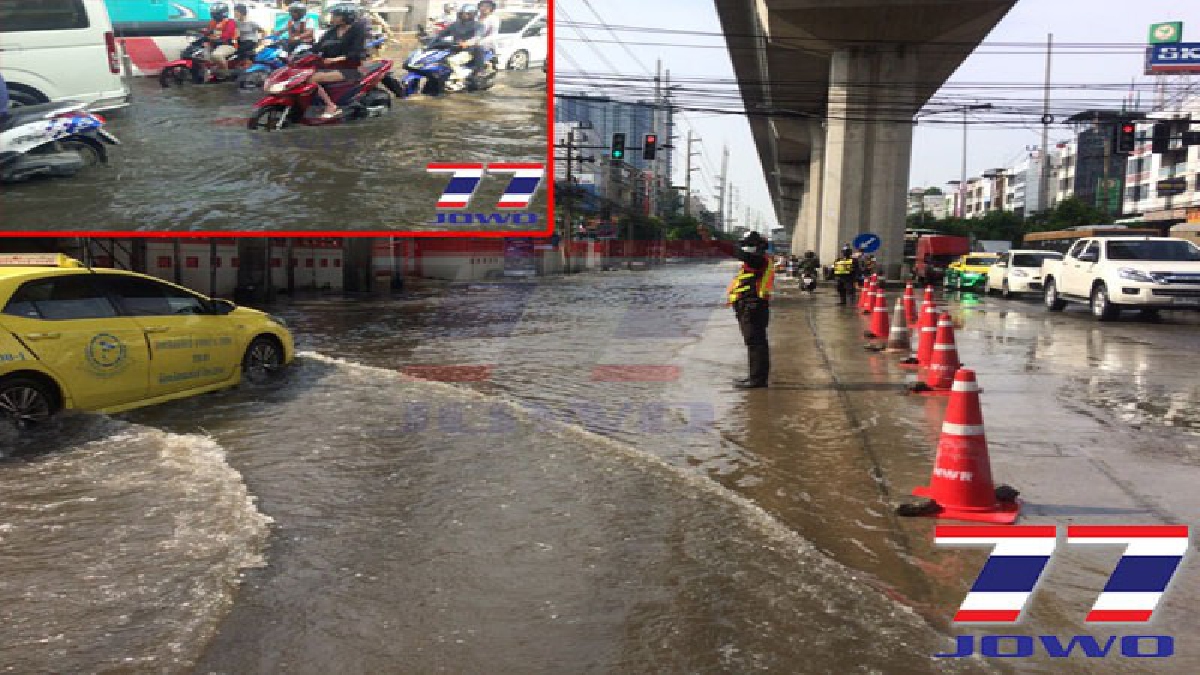 อ่วมหนัก!! ฝนตกติดต่อกันหลายชั่วโมง น้ำท่วมขังผิวการจราจร ย่านสมุทรปราการ เป็นระยะทางยาวกว่า 200 เมตร (มีคลิป)