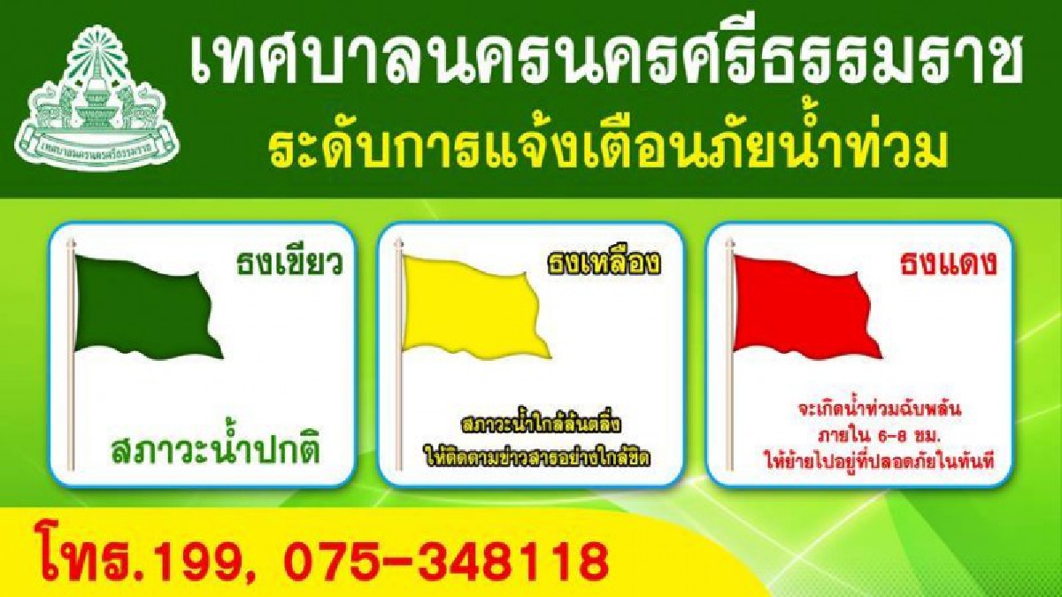 เตือนระวังน้ำท่วม!! น้ำคีรีวง เข้าเมืองคืนนี้ พื้นที่ลุ่มริมคลองท่าดี เตรียมรับมือ พร้อมสังเกตุธงของเทศบาลโดยตลอด