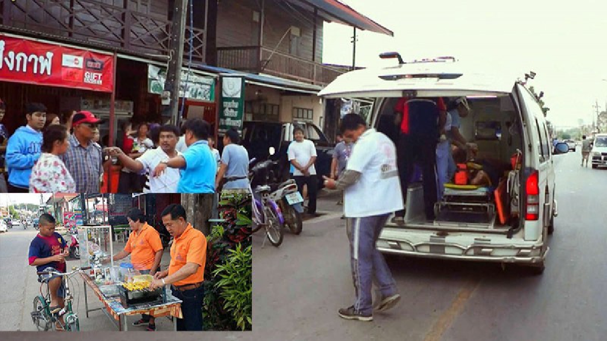 ถึงคราวเคราะห์ !! กระบะเฉี่ยวชนกันกลางสี่แยก เสียหลักพุ่งชน 2 สามีภรรยา ขายหมูสะเต๊ะบนฟุตบาท สาหัสทั้งคู่ (คลิป)