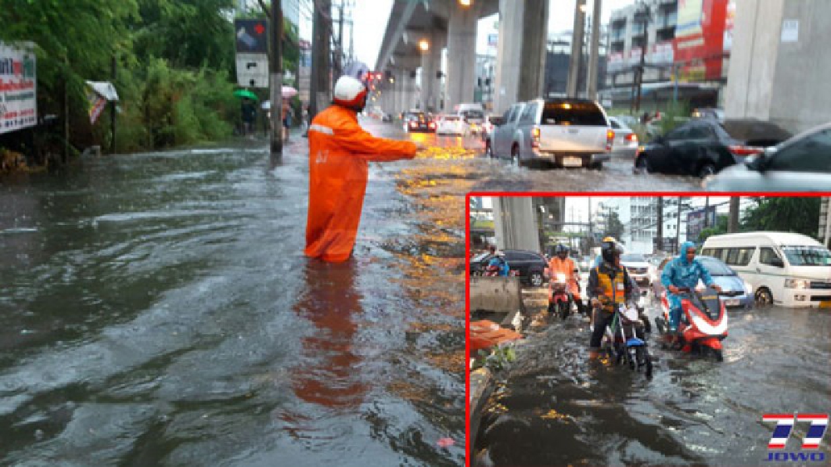 ฝนตกทำพิษ!! ฝนถล่มสมุทรปราการ ทำน้ำท่วมขังถนนสายหลักหลายเส้นทาง จราจรติดหนึบ..!??