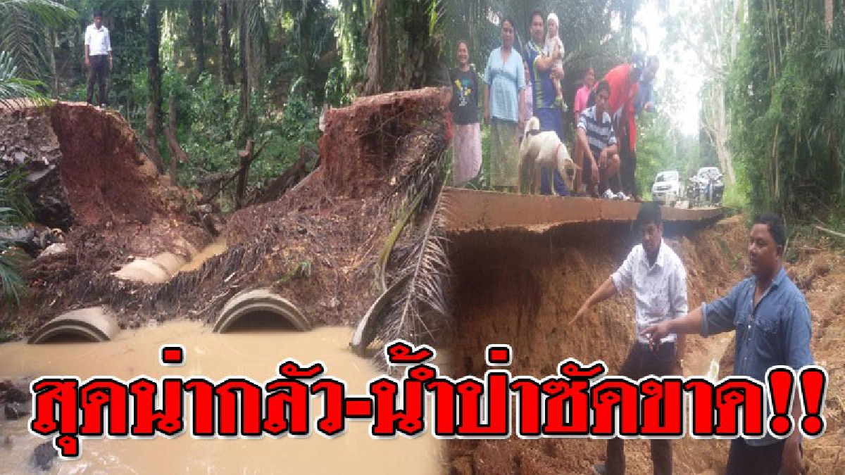 หวั่นเกิดอันตราย!?? กระบี่โดนฝนถล่มหนัก ทำน้ำป่าไหลซัดถนนขาด 2 หมู่บ้าน รถวิ่งผ่านไป-มาสุดลำบาก..!!