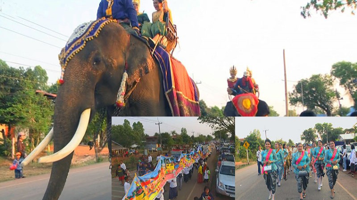 บึงกาฬ วันช้างไทย ! โดยช้างร่วมแห่ผ้าผะเหวดยาวที่สุดในโลก พร้อมฟังเทศน์มหาชาติไทย-ลาวเช้ายันค่ำ  (ชมคลิป)