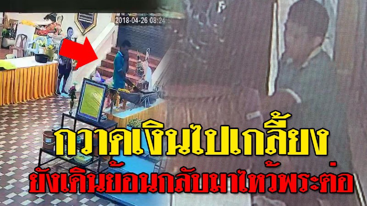 #หวังสร้างบุญลบล้างบาป ! เผยวงจรปิดชัดๆ หนุ่มบุกเดี่ยวมางัดตู้บริจาค กวาดเงินไปเกลี้ยง ก่อนเดินกลับมาอีกรอบ นั่งไหว้หลวงพ่อกล่มเกจิดังของวัด