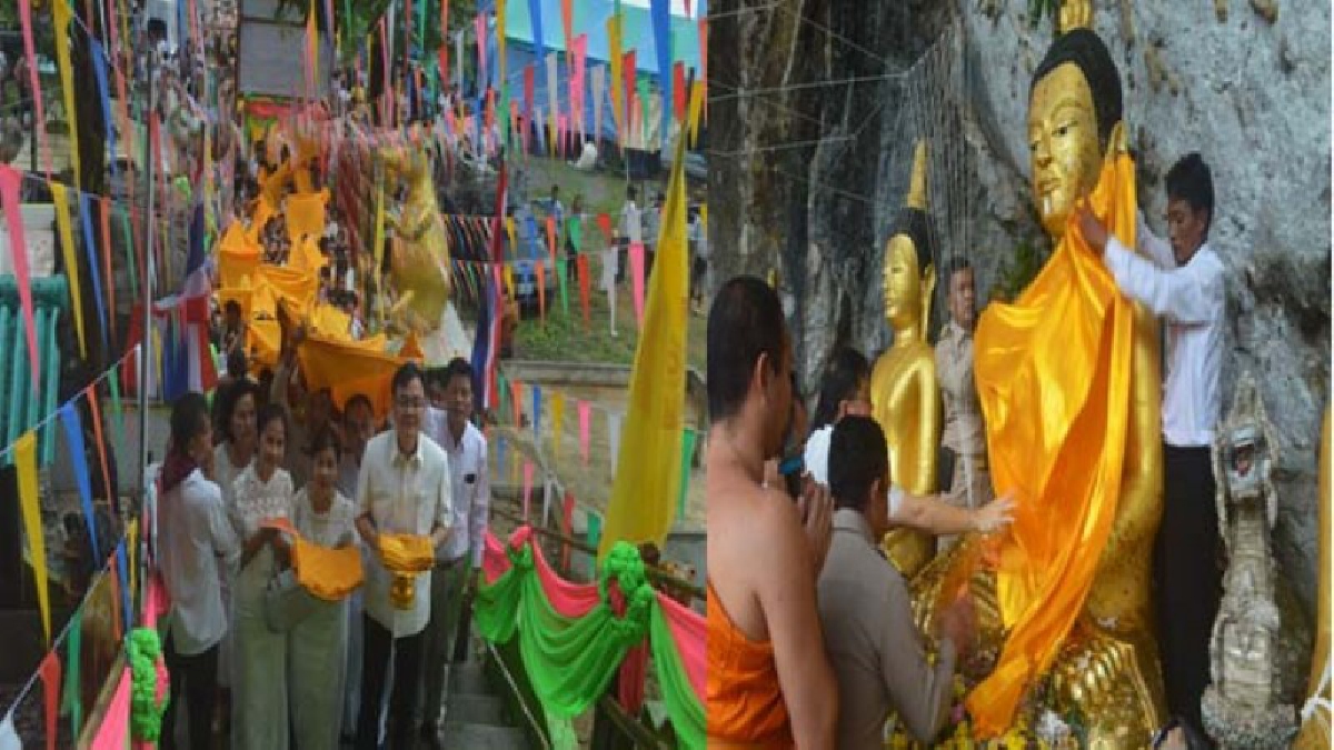สุดอลังการ!!!&ldquo;ปิดทอง ห่มผ้าหลวงพ่อองค์ใหญ่ อายุกว่า 800 ปี&rdquo;วัดเขาพระทอง&rdquo;- สืบอายุพระพุทธศาสนาเนื่องในวันวิสาขบูชาโลก&rdquo;(ชมคลิป)