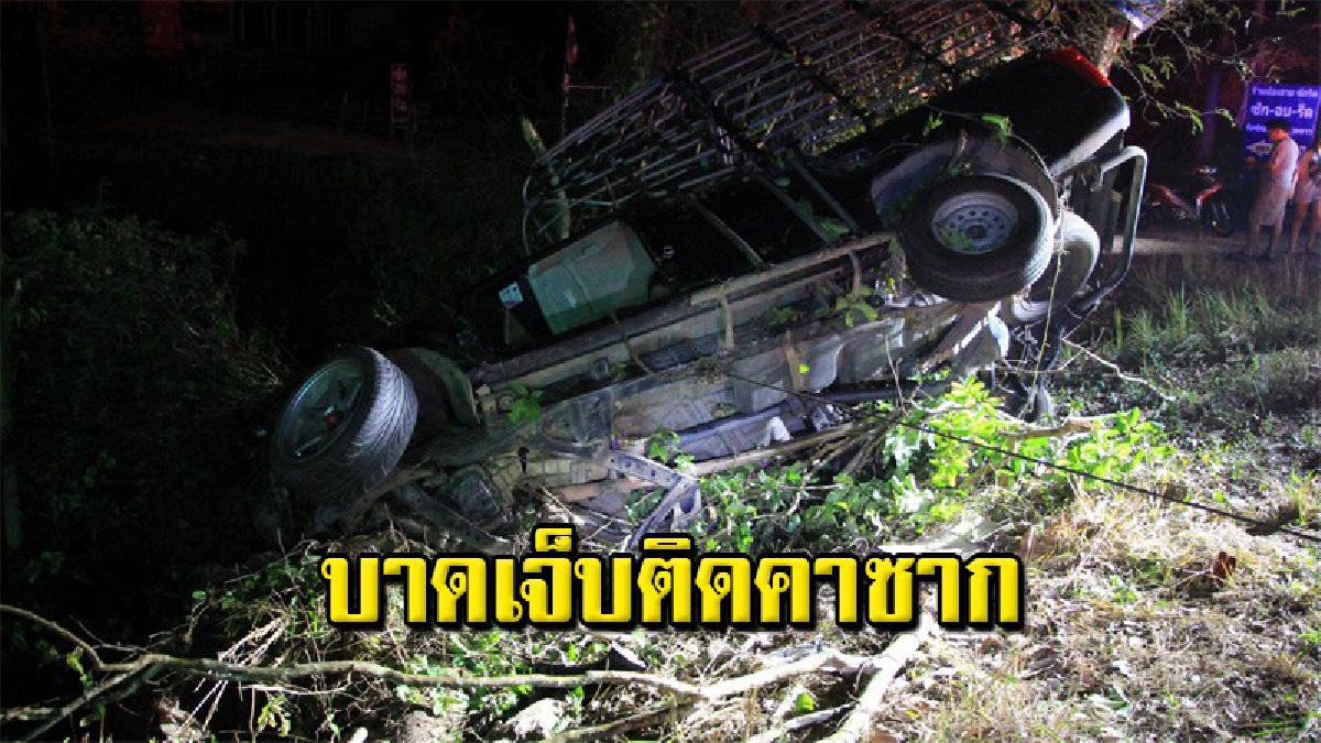 หนุ่มพ่อค้าส้มโอขับกระบะกลับบ้าน เสียหลักชนต้นไม้ รถพังยับบาดเจ็บติดภายในรถ (คลิป)