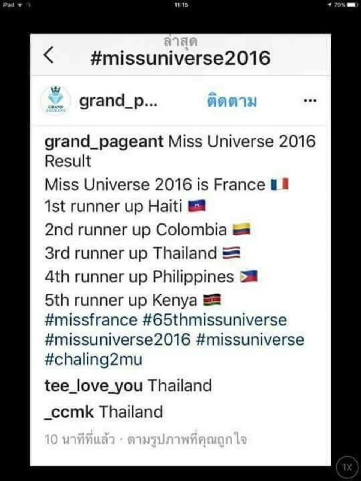 ที่สุดแห่งความภูมิใจ!!! "น้ำตาล ชลิตา" ได้รางวัลขวัญใจช่างภาพ นางงามมิตรภาพ และได้คะแนนเป็นลำดับที่ 4 จากผู้เข้ารอบ 6 คน!!! (มีภาพ)