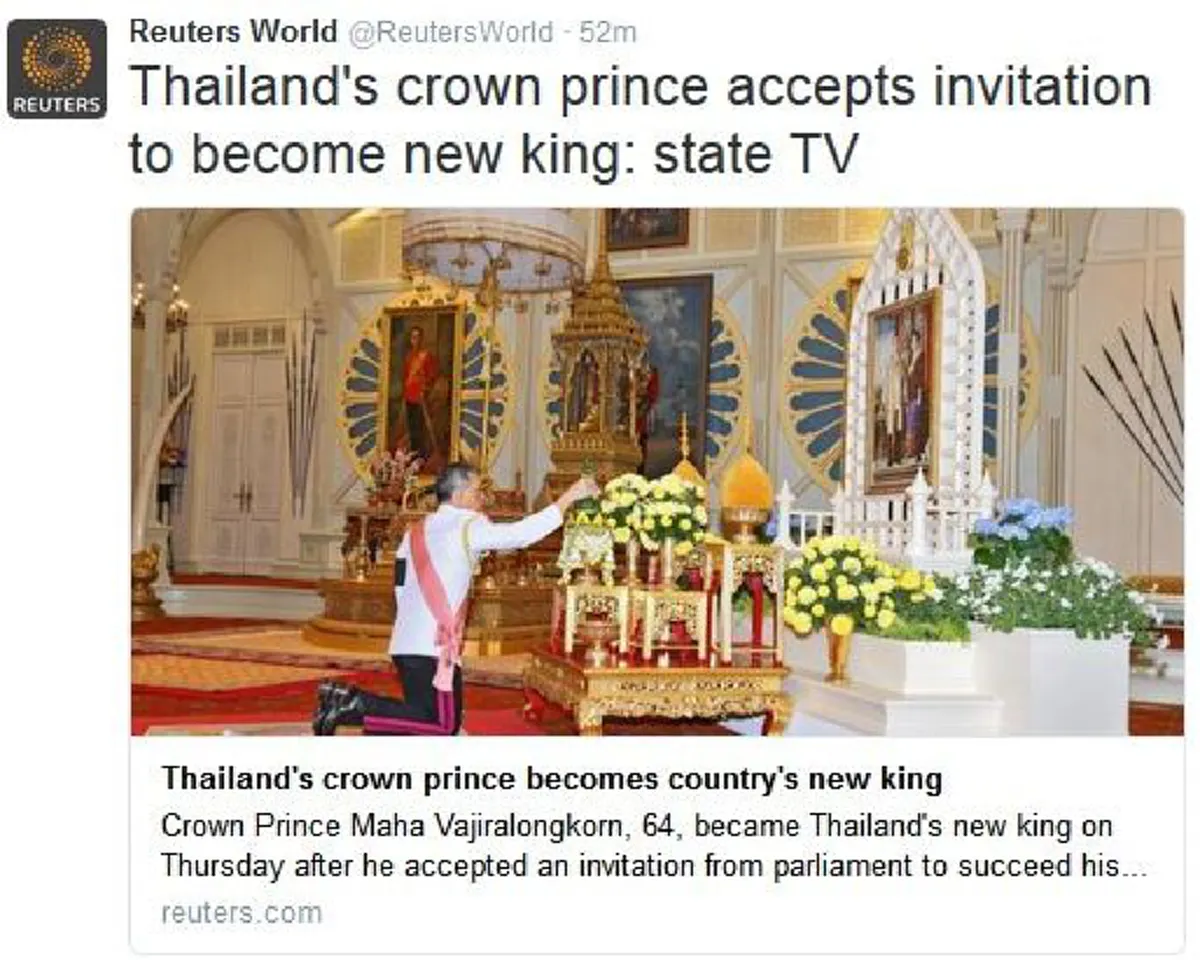 สื่อโลกพร้อมใจเผยแพร่ข่าวมหามิ่งมงคลการสืบราชสันตติวงศ์  "สมเด็จพระเจ้าอยู่หัวมหาวชิราลงกรณ บดินทรเทพยวรางกูร"  # ขอทรงพระเจริญยิ่งยืนนาน
