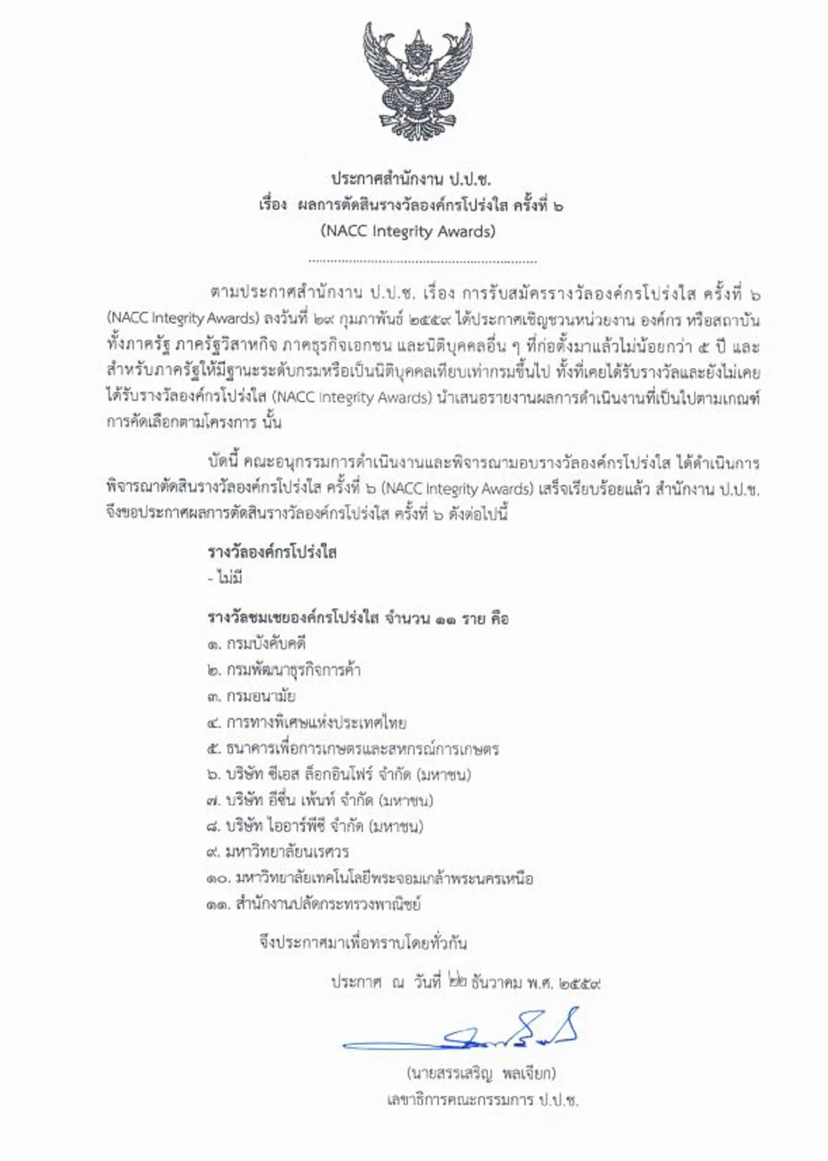 เกิดอะไรขึ้นเนี่ย !!! มติปปช.ประกาศไม่มีหน่วยงานรัฐ+องค์กรเอกชนได้รางวัลองค์กรโปร่งใสดีเด่น จากการจัดมาแล้วเป็นครั้งที่ 6 !!?!!  