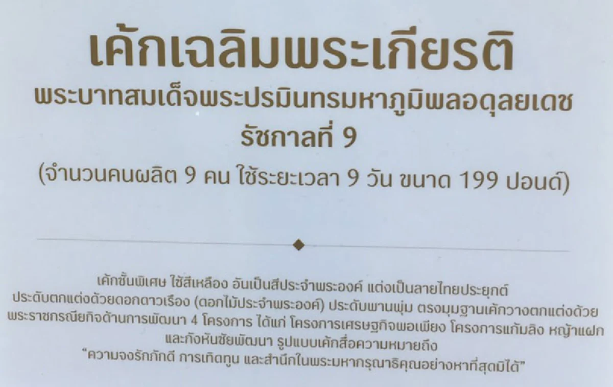 เชิญชม!!! เค้กเฉลิมพระเกียรติรัชกาลที่ 9 ขนาด 199 ปอนด์ จำนวนคนผลิต 9 คน ใช้เวลา 9 วัน (ภาพชุด)