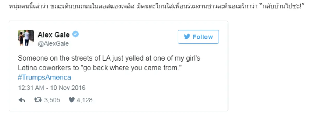 โลกออนไลน์กระหน่ำทวีตข้อความ !! เมื่อทรัมป์ได้รับชัยชนะ กลุ่มคนผิวสีโดนคุกคาม ตะโกนด่าทอกลางที่สาธารณะ เหยียดสีผิวอย่างโหดร้าย (รายละเอียด)