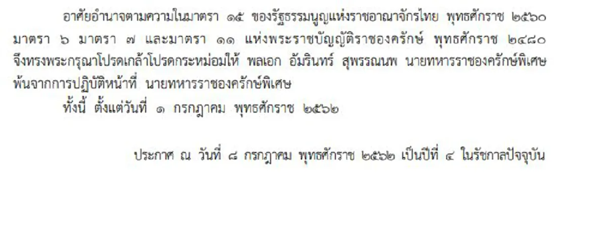 ประกาศราชกิจจาฯ ให้นายทหารราชองครักษ์พิเศษพ้นจากหน้าที่