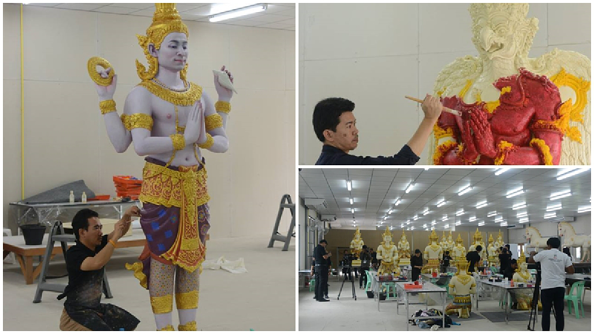 คืบหน้ากว่า ๕๒% แล้ว...กรมศิลป์เผย ภาพรวมคืบหน้าเกินครึ่ง  รูปปั้นพระนารายณ์ที่ถอดแบบจากพระพักตร์ในหลวง กำลังเขียนสีและปั้นรายละเอียด!