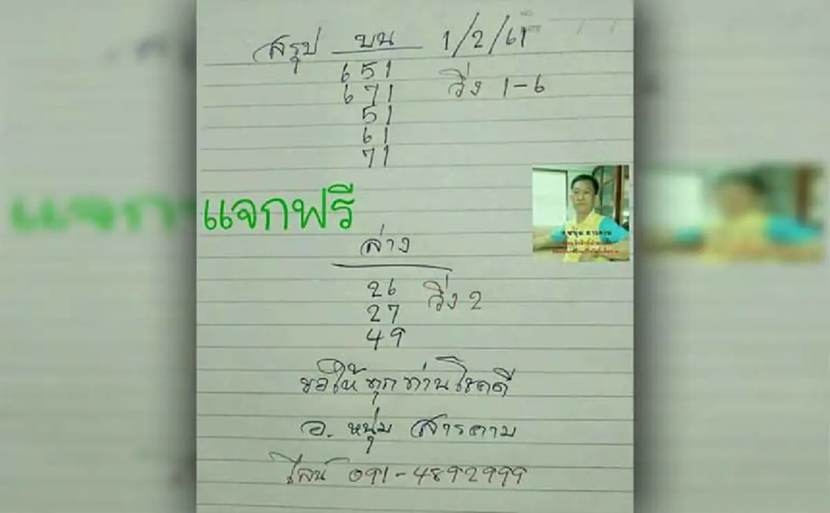 แชร์กันสนั่น !! "หวยหนุ่มสารคาม"ขาแม่น! งวดนี้ 1/02/61ให้ 2-3 ตัวเน้นๆ เข้าชัวร์ๆ "เซียนหวย" แห่ซื้อกันเกลี้ยงแผง !! (ชมภาพ)