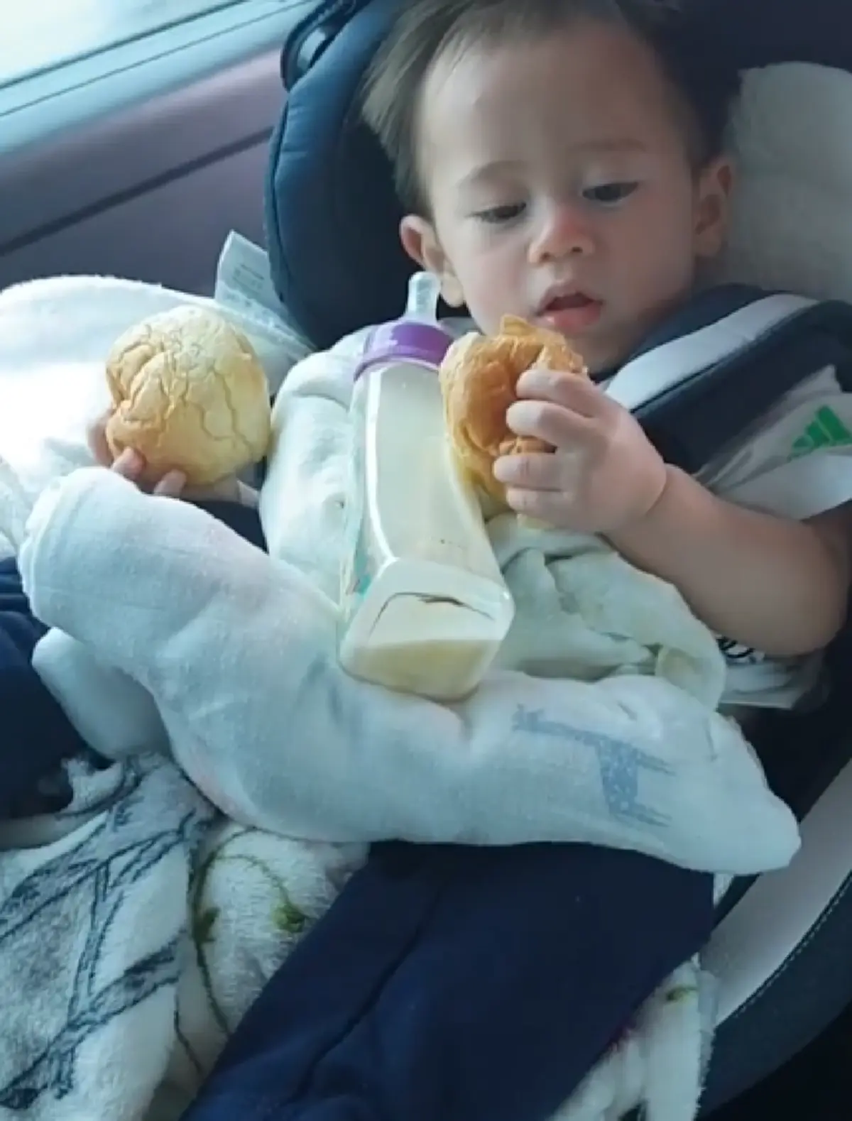 น่าเอ็นดูจริงพ่อคุณ "น้องสายฟ้า" นอนชิวบนรถ สองมือถือขนมปังเคี้ยวตุ้ยๆ ก็ผมหิวนี่ครับ