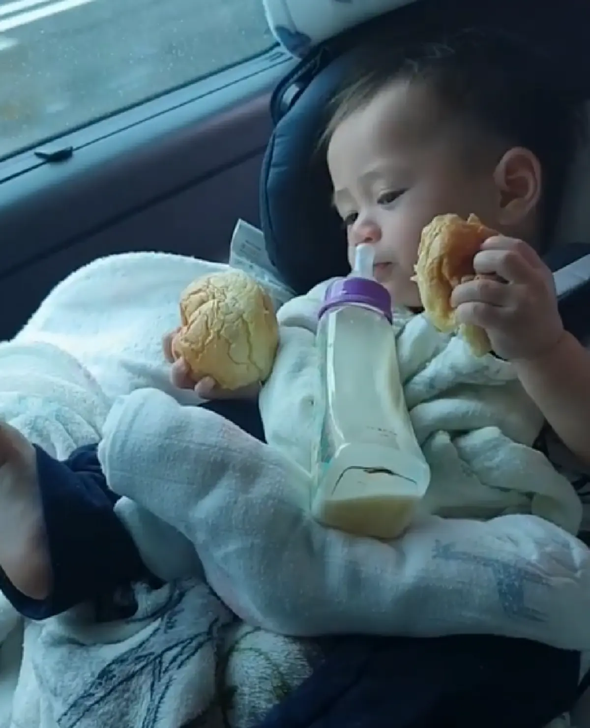 น่าเอ็นดูจริงพ่อคุณ "น้องสายฟ้า" นอนชิวบนรถ สองมือถือขนมปังเคี้ยวตุ้ยๆ ก็ผมหิวนี่ครับ