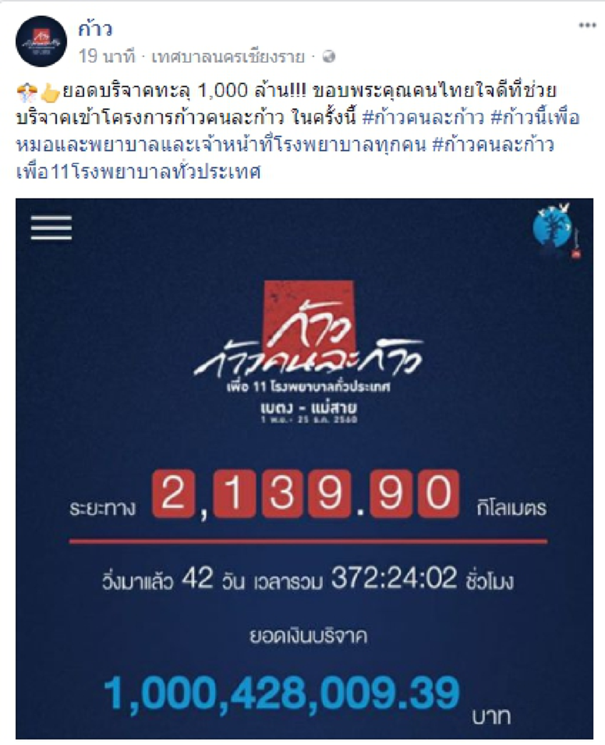 ก้าวที่ 1 พันล้าน! ยอดเงินบริจาค โครงการก้าวคนล่ะก้าว เพื่อ 11 โรงพยาบาลทั่วประเทศ ของตูน บอดี้สแลม ทะลุ 1 พันล้านบาทแล้ว!