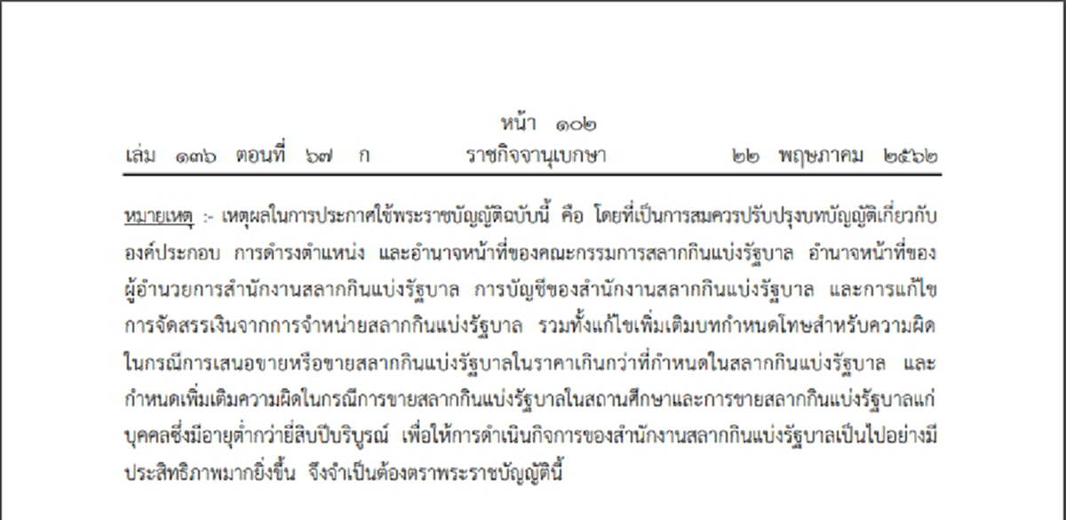 ขายเกินราคาระวัง พระราชบัญญัติ สำนักงานสลากกินแบ่งรัฐบาล (ฉบับที่ ๒) พ.ศ. ๒๕๖๒ มีผลบังคับใช้แล้ว