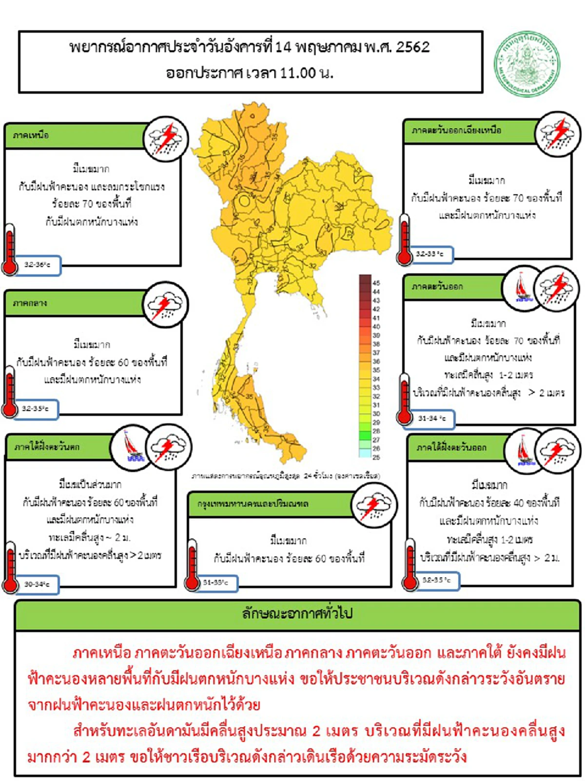 กรมอุตุฯเตือนประเทศไทยระวังอันตรายจากฝนฟ้าคะนอง