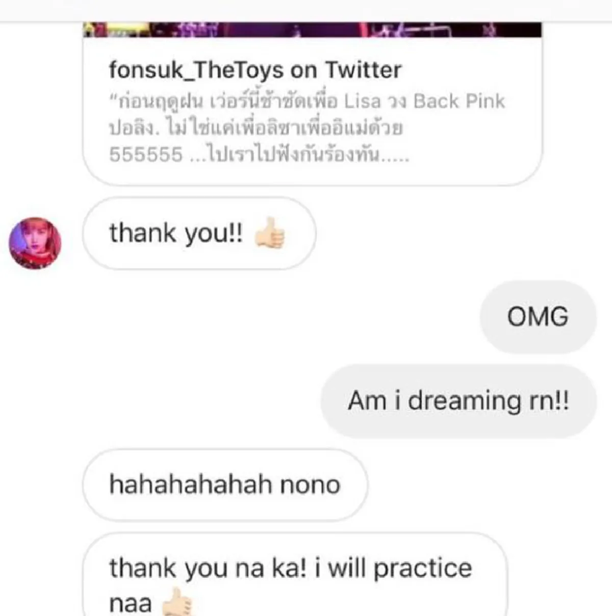 เวอร์ชั่นนี้เพื่อ"...."  "เดอะ ทอยส์" เป็นปลื้ม โพสต์ไอจี อวดเเฟนๆ เเชทไดเร็คกับ"ลิซ่า BLACKPINK" พร้อมเเฮชเเท็กdead   (คลิป)