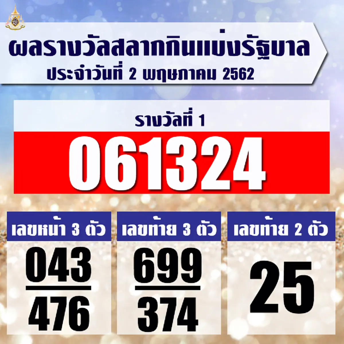 ผลการออกรางวัลสลากกินแบ่งรัฐบาล งวดประจำวันที่  2 พฤษาภาคม 2562