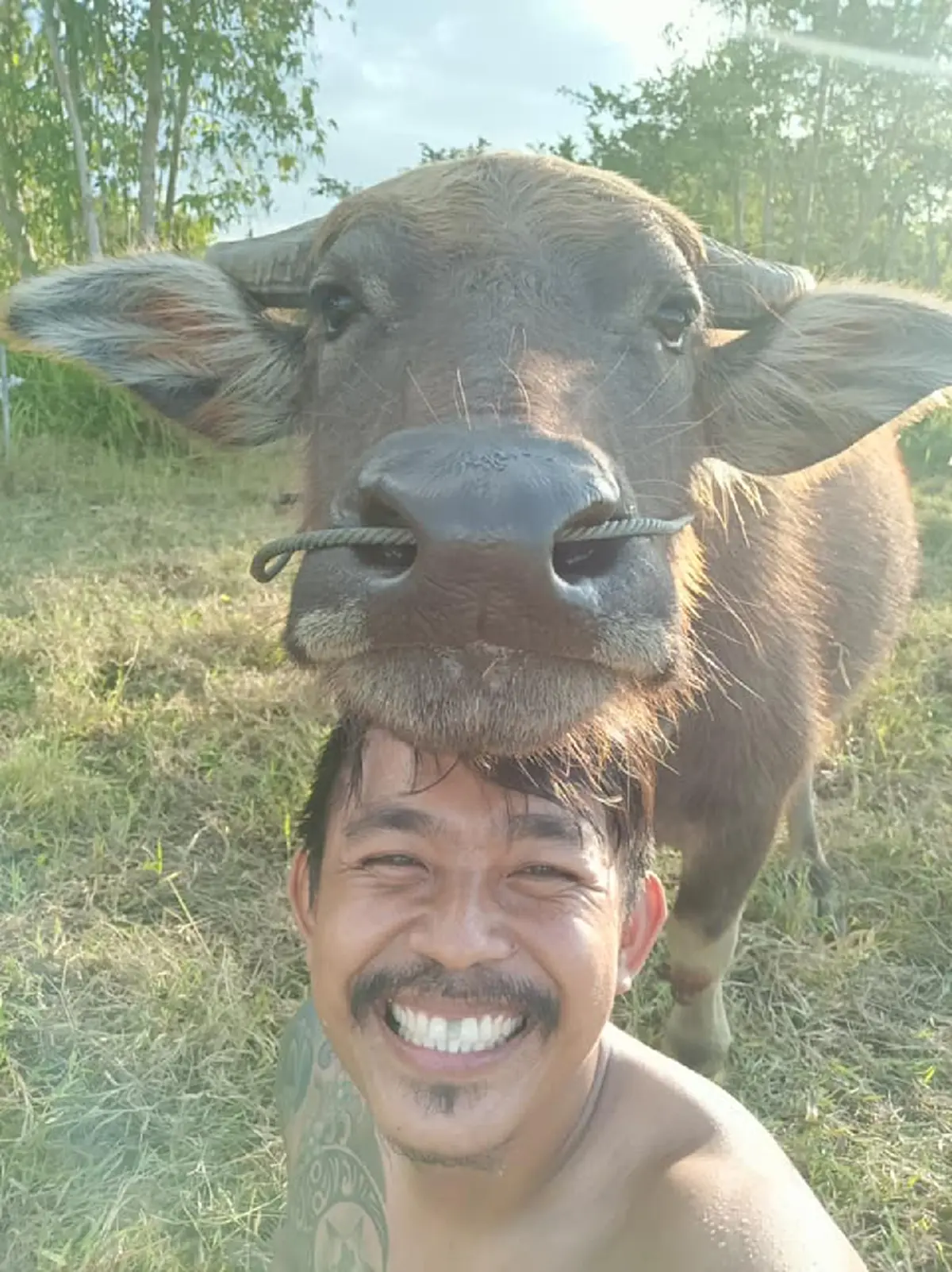 ชายที่มีความสุขที่สุดในโลก โซเชียลตกหลุมรักชายหนุ่มกับควายของเขา ยิ้มแฉ่งมีความสุขโชว์ฟันขาวถ่ายรูปคู่สุดทะเล้น