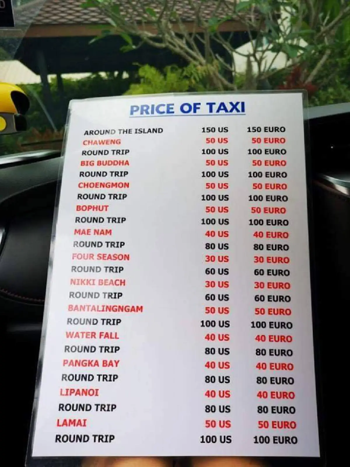 แท็กซี่สมุย คิดราคาค่าโดยสาร นทท.ตปท. ดอลลาร์-ยูโร ราคาเท่ากัน ทั้งที่ค่าเงินต่างกัน