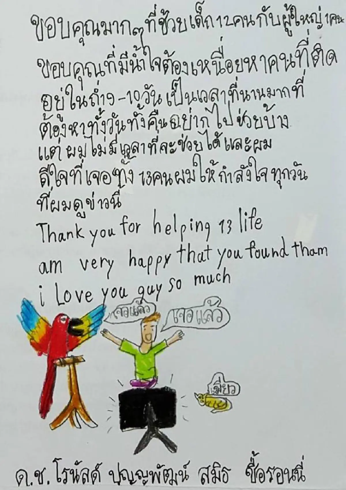 หนูขอขอบคุณทุกคน !!! "จดหมายน้องประถม" เขียนพร้อมวาดภาพประกอบ  กำลังใจเล็กๆ ของทุกคนที่ช่วย "หมูป่าถ้ำหลวง" (ชมภาพ)