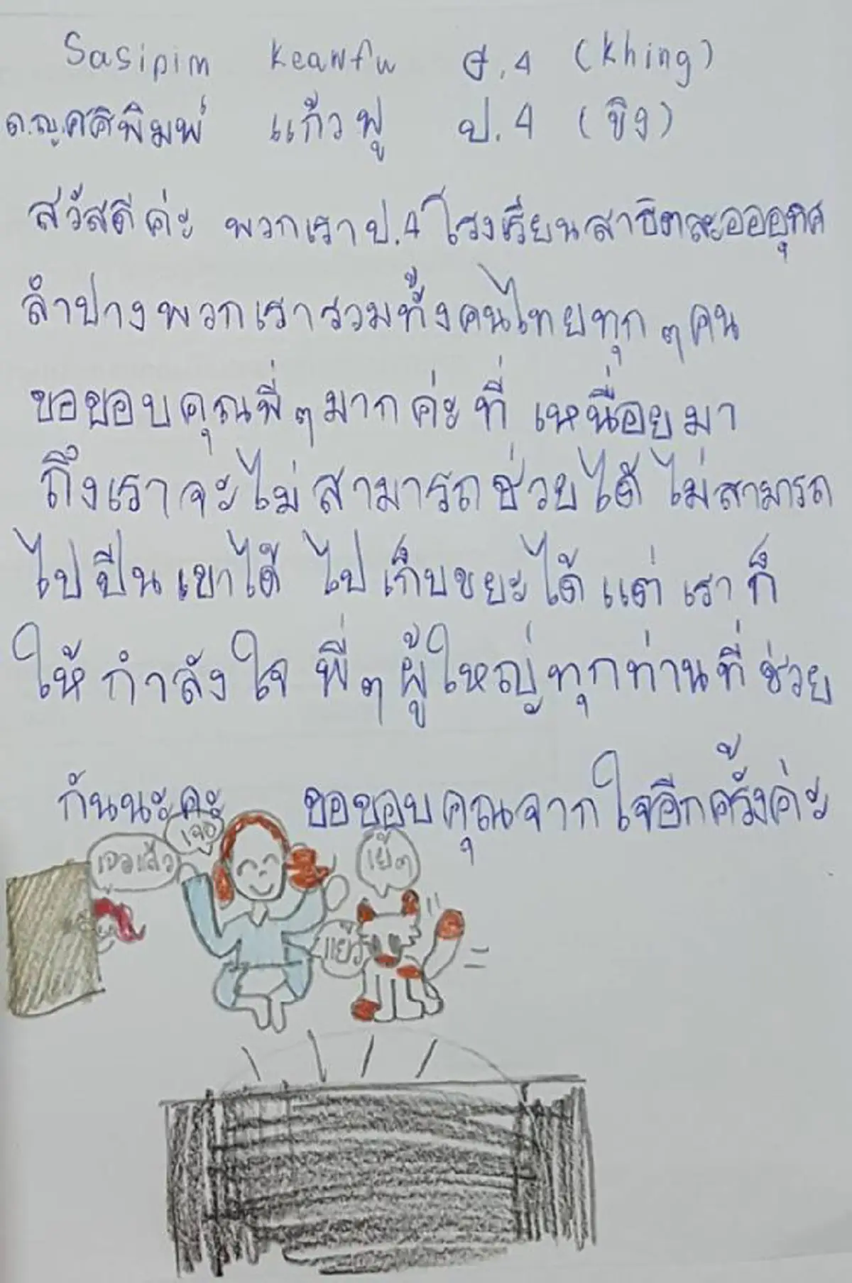 หนูขอขอบคุณทุกคน !!! "จดหมายน้องประถม" เขียนพร้อมวาดภาพประกอบ  กำลังใจเล็กๆ ของทุกคนที่ช่วย "หมูป่าถ้ำหลวง" (ชมภาพ)