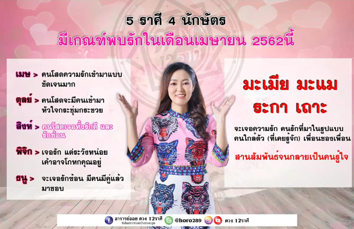 อ.ออย ชี้   5 ราศี  4 นักษัตร จะพบรัก เดือนเมษายน 2562