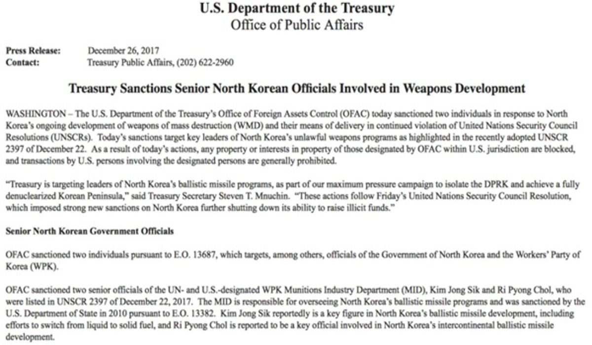 ระอุต่อเนื่อง!!! สหรัฐฯ คว่ำบาตร 2 นักพัฒนาขีปนาวุธเกาหลีเหนือ ผู้อยู่เบื้องหลังการทดสอบ "ฮวาซอง-15"