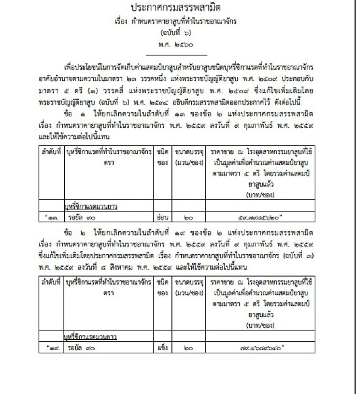 สิงห์อมควันกระเป๋าฉีกแน่!! ราชกิจจานุเบกษา เผยแพร่ประกาศกรมสรรพสามิต ขึ้นราคาบุหรี่ไทย โดนหมด มีผล 4 พ.ค. นี้ (ราคาแต่ละยี่ห้อ)