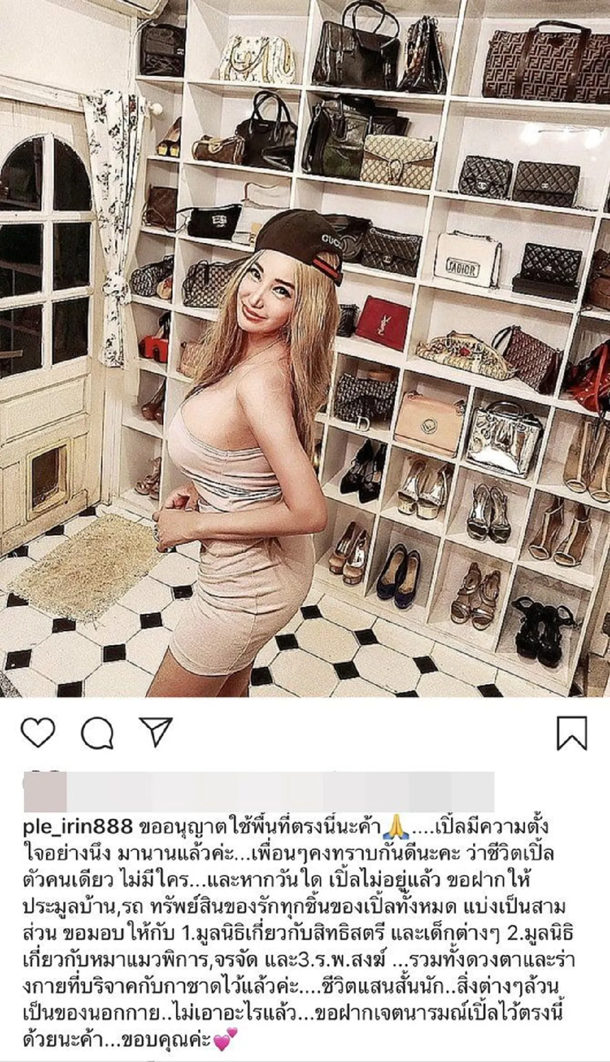 เปิ้ล ไอริณ โพสต์ฝากให้แบ่งทรัพย์สิน ช่วยเหลือการกุศล