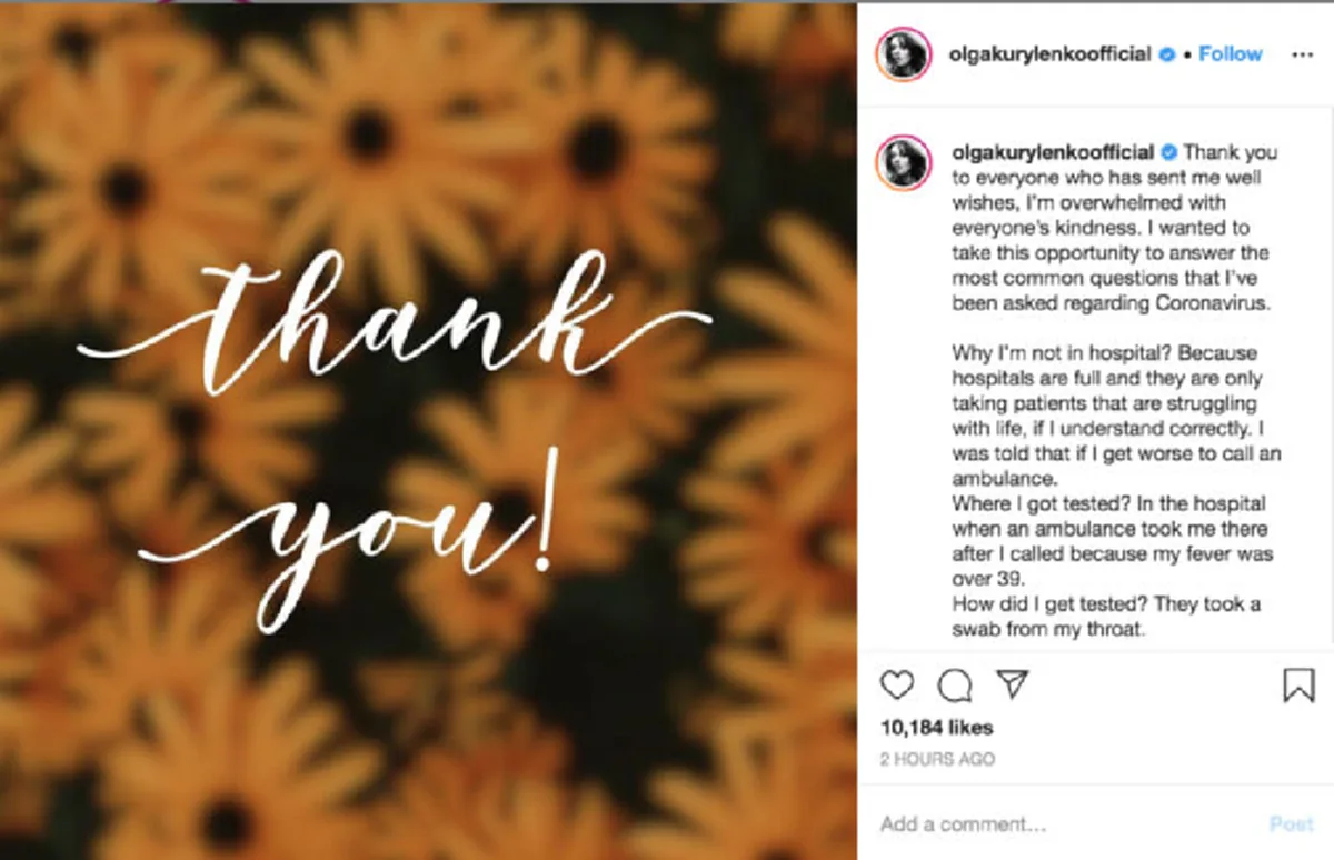 อดีตสาวบอนด์ โอลกา คูรีเลนโก โพสต์ป่วยโควิด-19