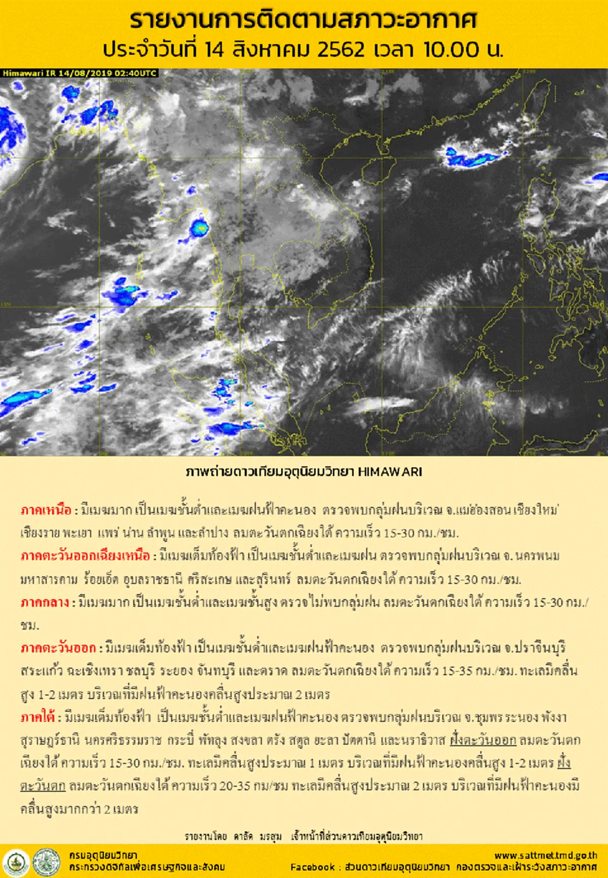 อุตุฯชี้ ภาคใต้ฝนน้อย ทะเลอันดามัน-อ่าวไทยมีคลื่นสูงประมาณ 2 เมตร ขอให้ชาวเรือเดินเรือด้วยความระมัดระวังในบริเวณที่มีฝนฟ้าคะนอง