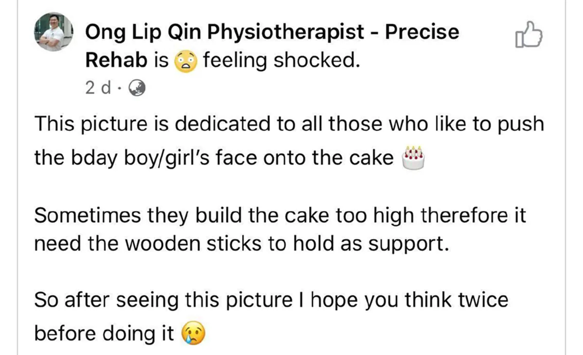 หนุ่มเตือนคนที่ชอบเอาเค้กโปะหน้าเพื่อน ผ่าให้ดูจะๆไม้แหลมที่ร้านเสียบไว้พยุงก้อนเค้ก