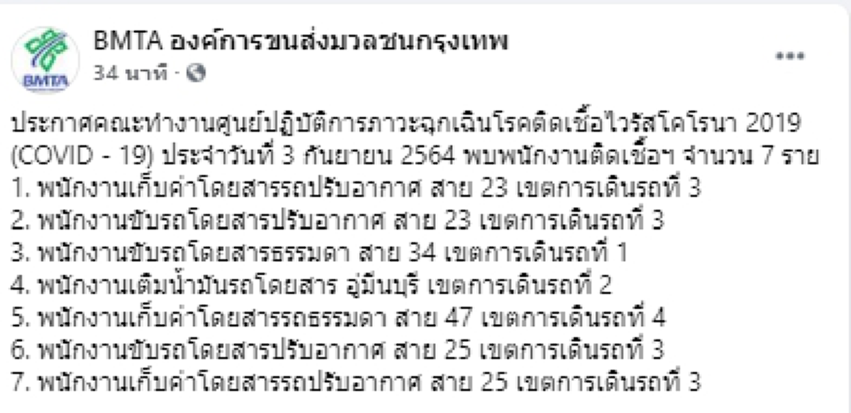 ขสมก. ประกาศพบพนักงานขับรถ-กระเป๋ารถเมล์ติดเชื้อโควิด-19