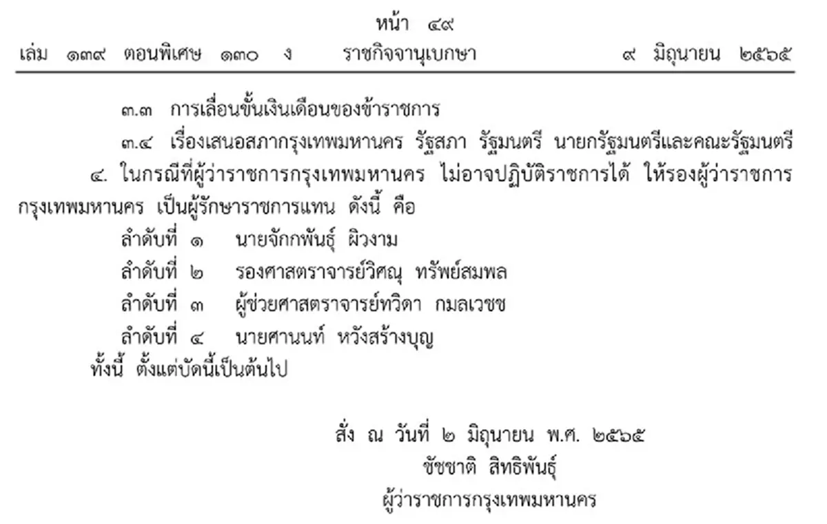 ราชกิจจาฯ เผยแพร่คำสั่งกทม. "ชัชชาติ" มอบอำนาจ รองผู้ว่าฯ ปฎิบัติราชการแทน