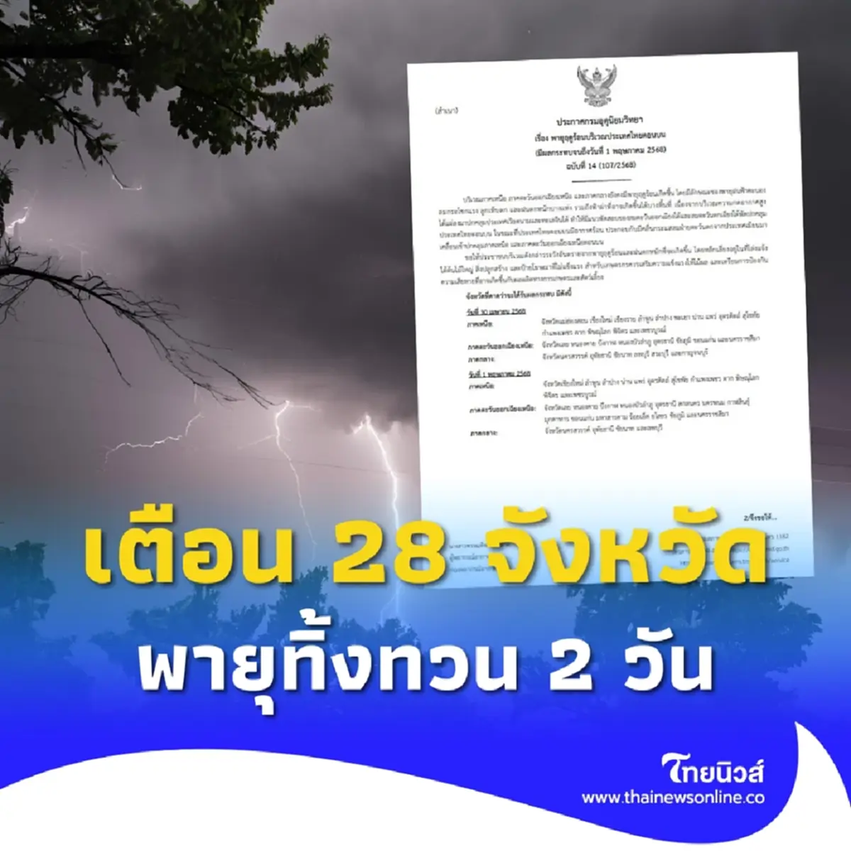 เตือนด่วน 28 จังหวัด พายุฤดูร้อนถล่ม 2 วันสุดท้าย แรงทิ้งทวน