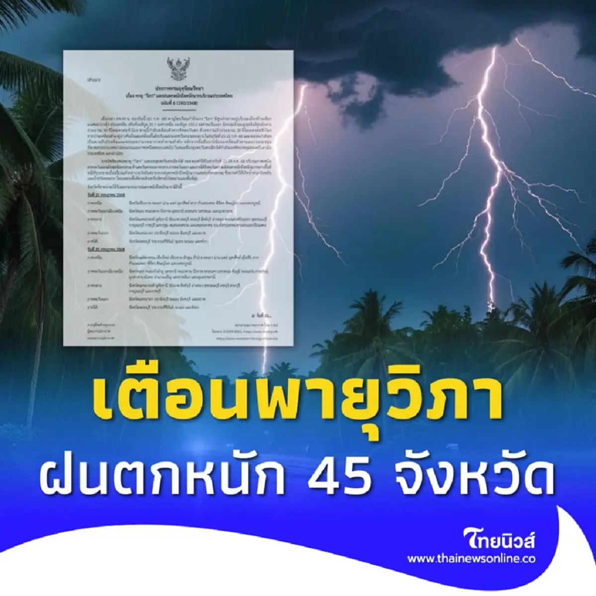 ประกาศ ฉ.6 เตือน พายุวิภา กระทบไทยวันนี้ 45 จังหวัด โดนเต็มๆ