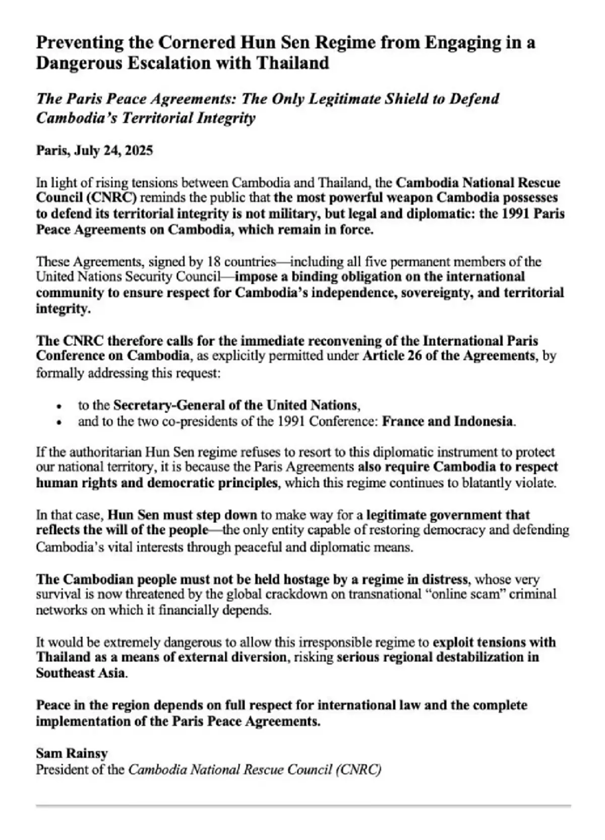 "สม รังสี" แฉ  "ฮุน เซน" อย่าใช้ชาวกัมพูชาเป็นตัวประกัน สู้รบกับไทย