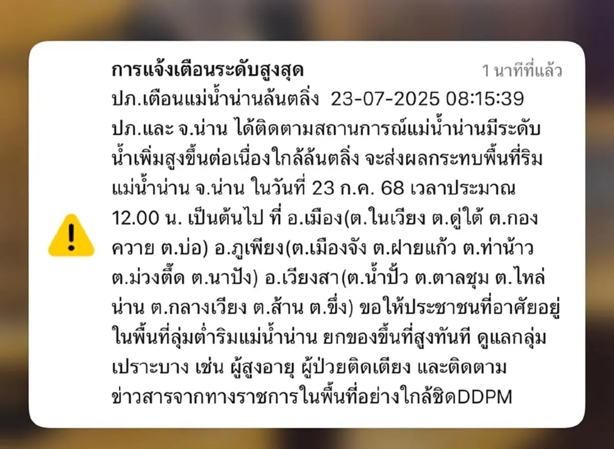 ด่วน น่านเตือน 3 อำเภอ น้ำเพิ่มสูงใกล้ล้นตลิ่ง ให้ยกของขึ้นที่สูง