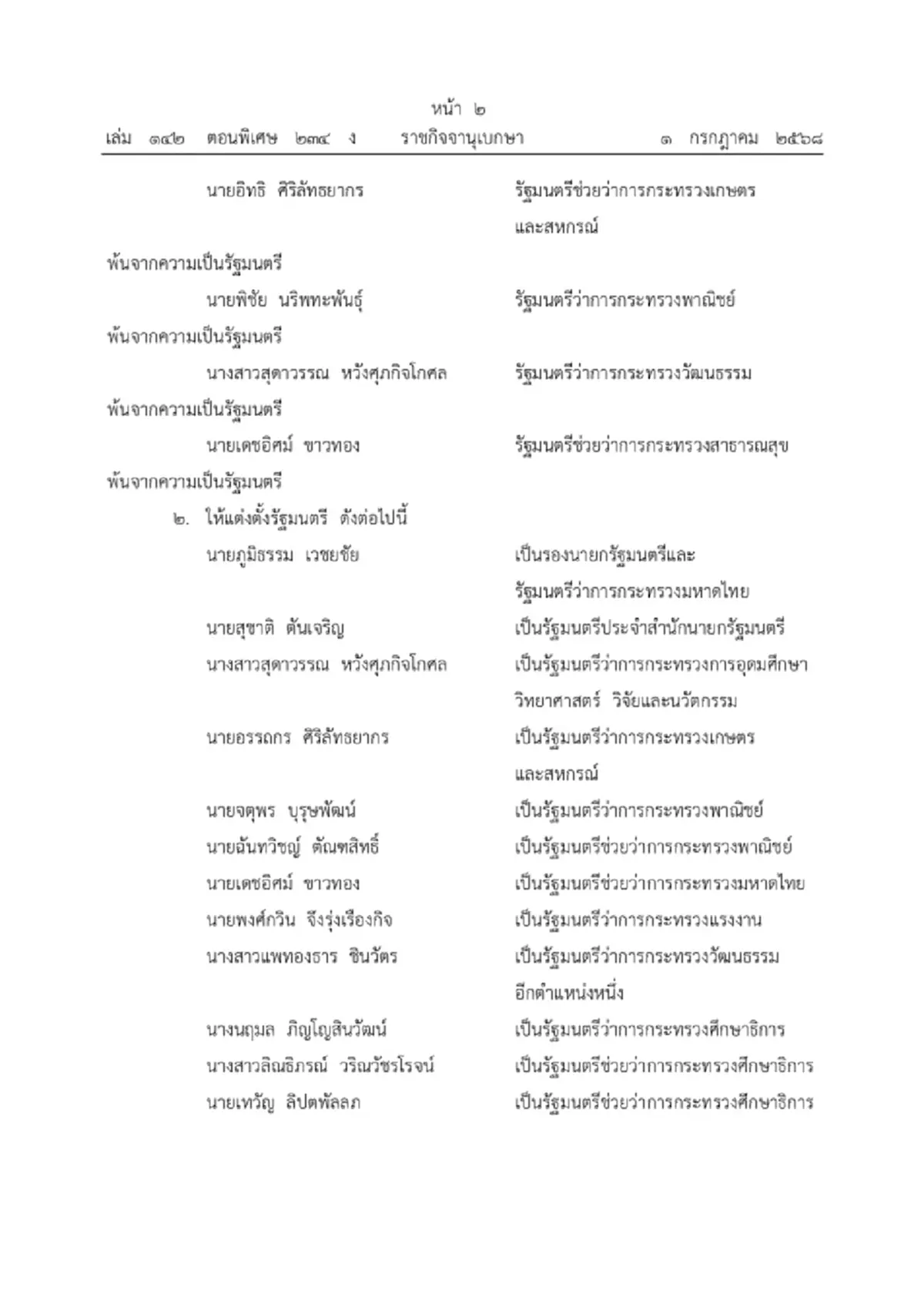 โปรดเกล้าฯ ครม.ชุดใหม่ รัฐบาลแพทองธาร 1/2 นายกฯอิ๊งค์ ควบ วัฒนธรรม